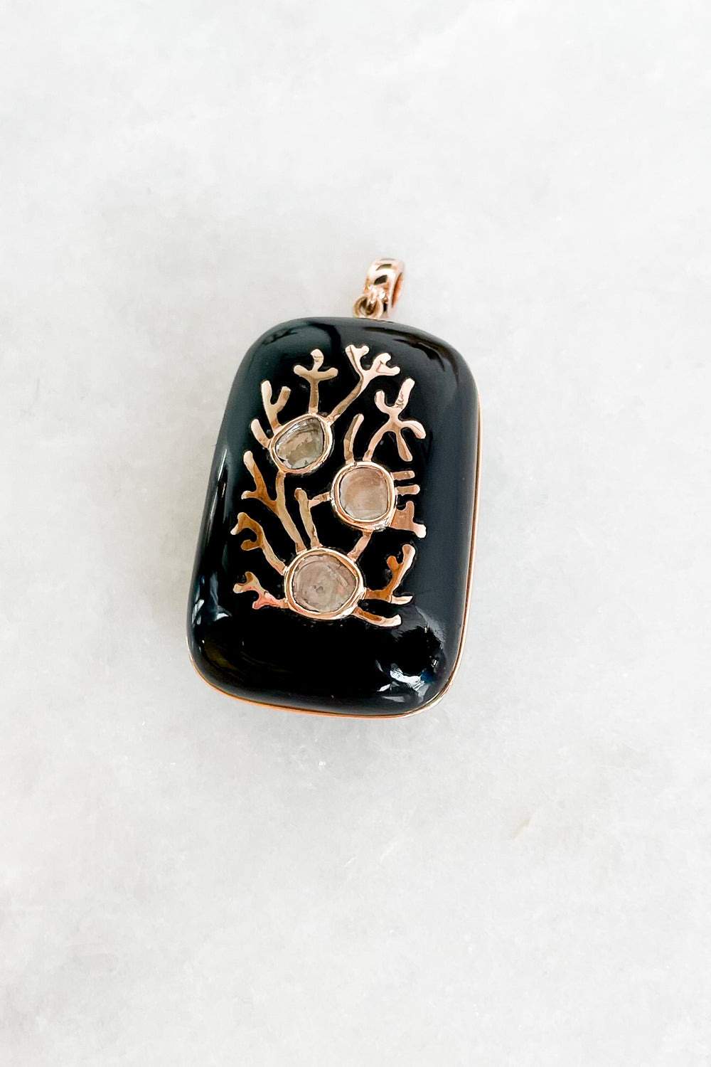 Gold Coral Inlay & Diamond Onyx Charm