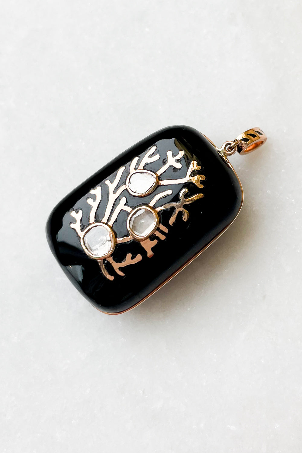 Gold Coral Inlay & Diamond Onyx Charm