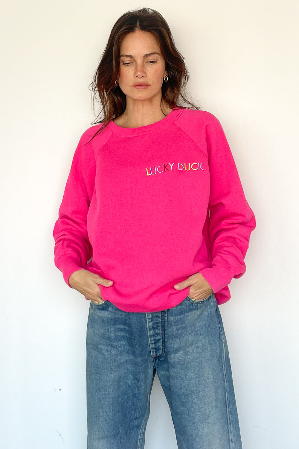 Lucky Duck Sweatshirt - MEDIUM Hot Pink