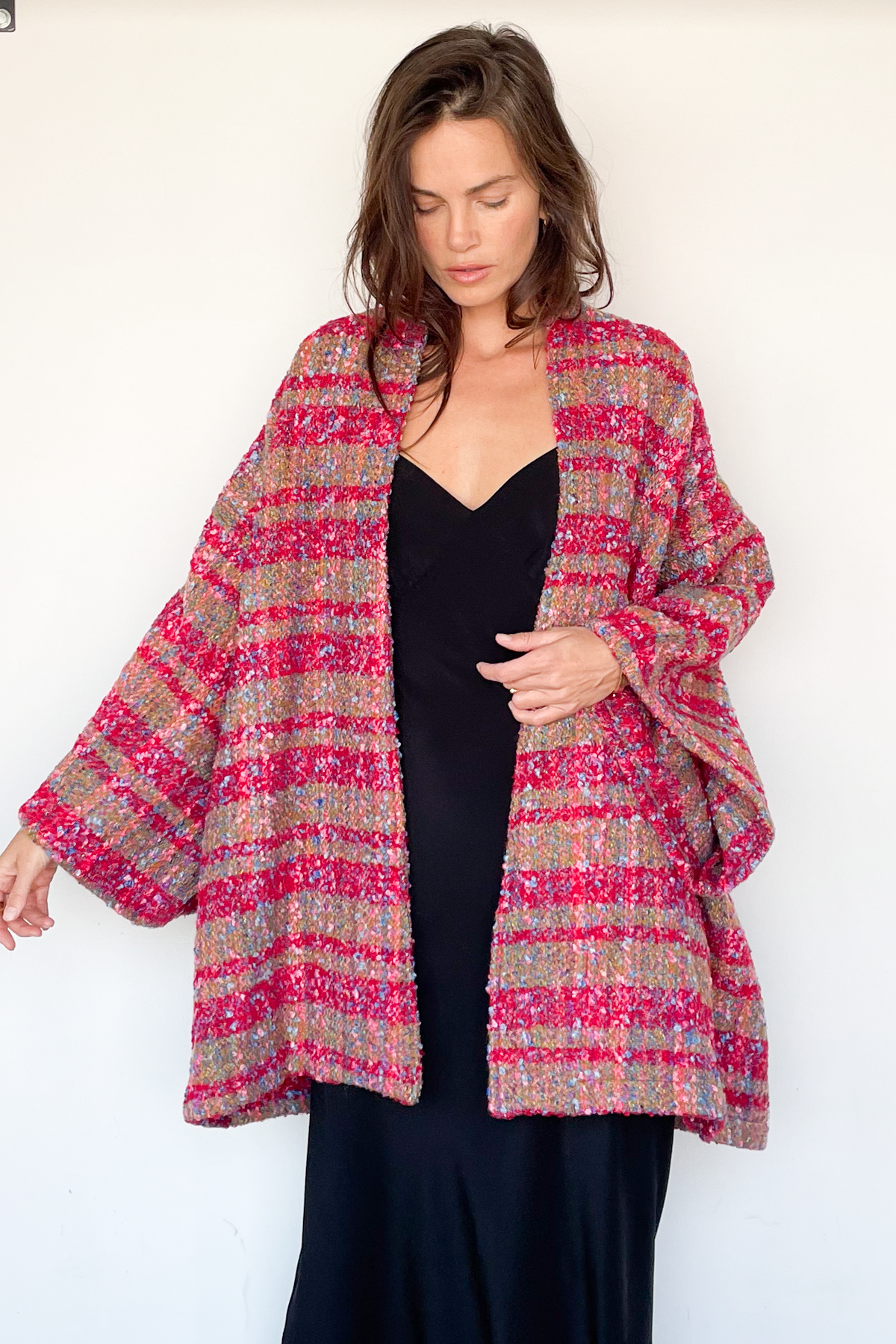 Raspberry Plaid Shawl Coat