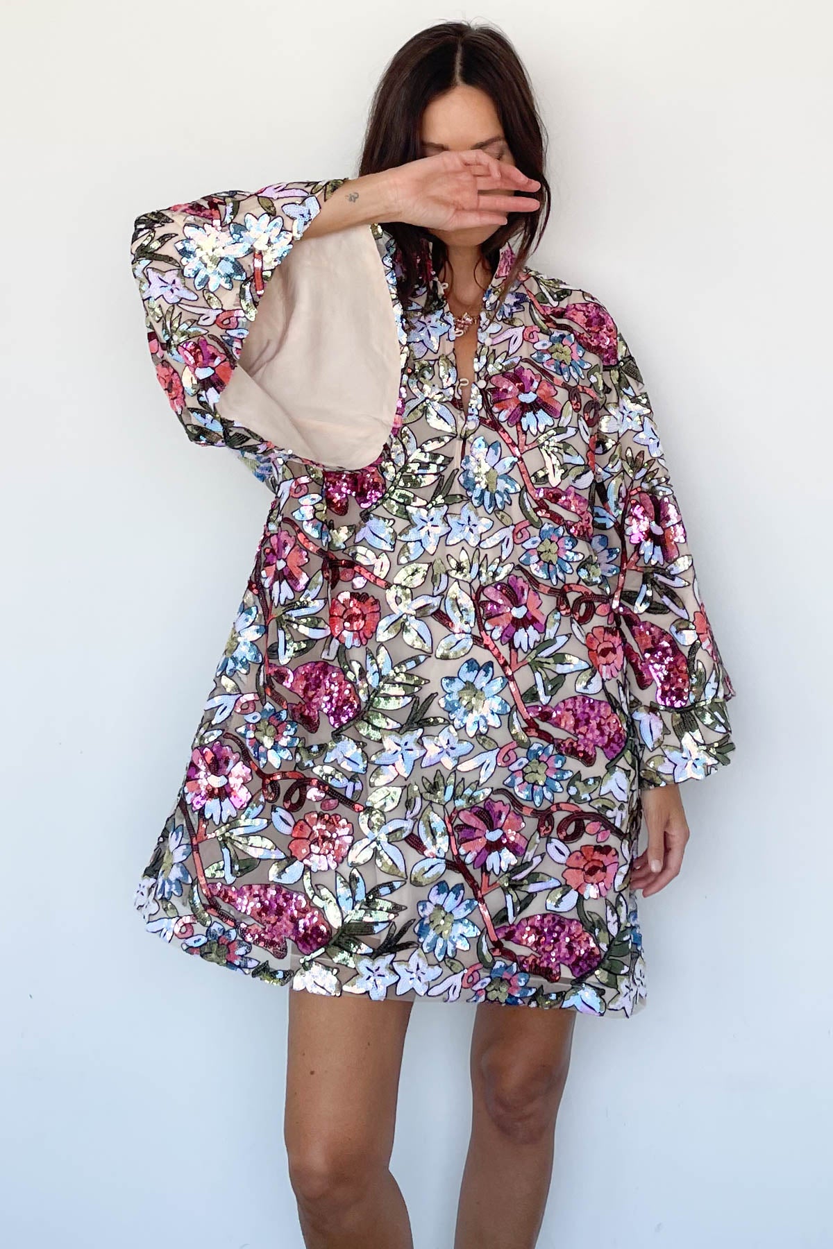 Jewel Floral Sequin Mini Caftan