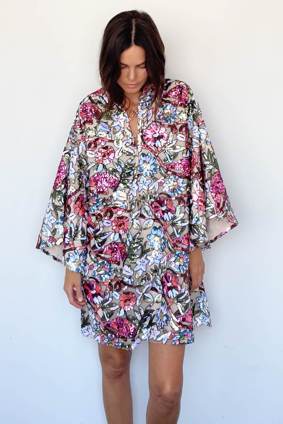 Jewel Floral Sequin Mini Caftan