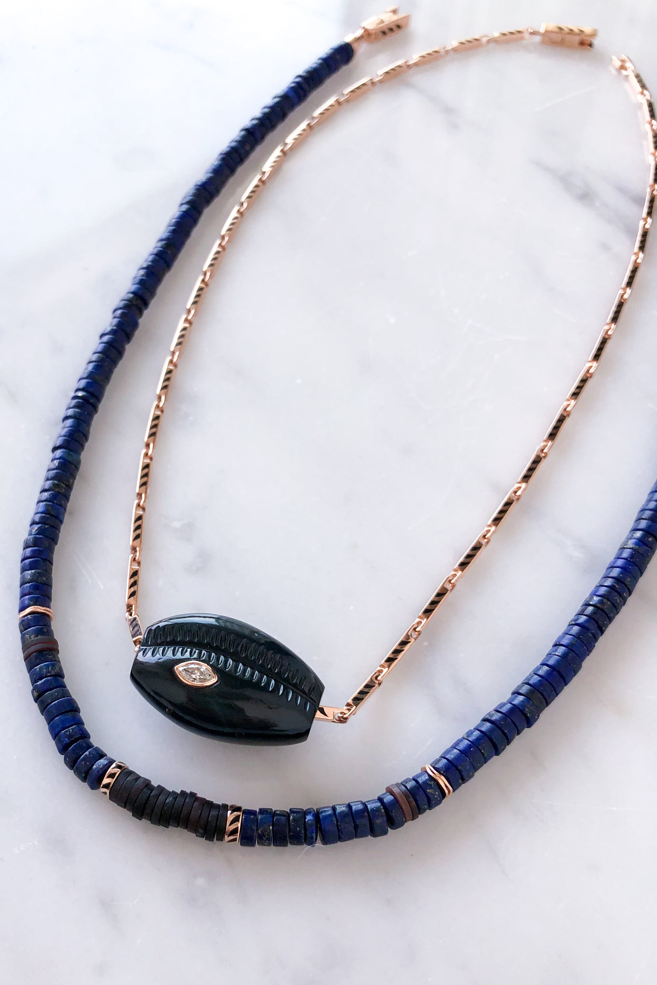 Blue Tiger Eye Cowry with Marquise Diamond Bead