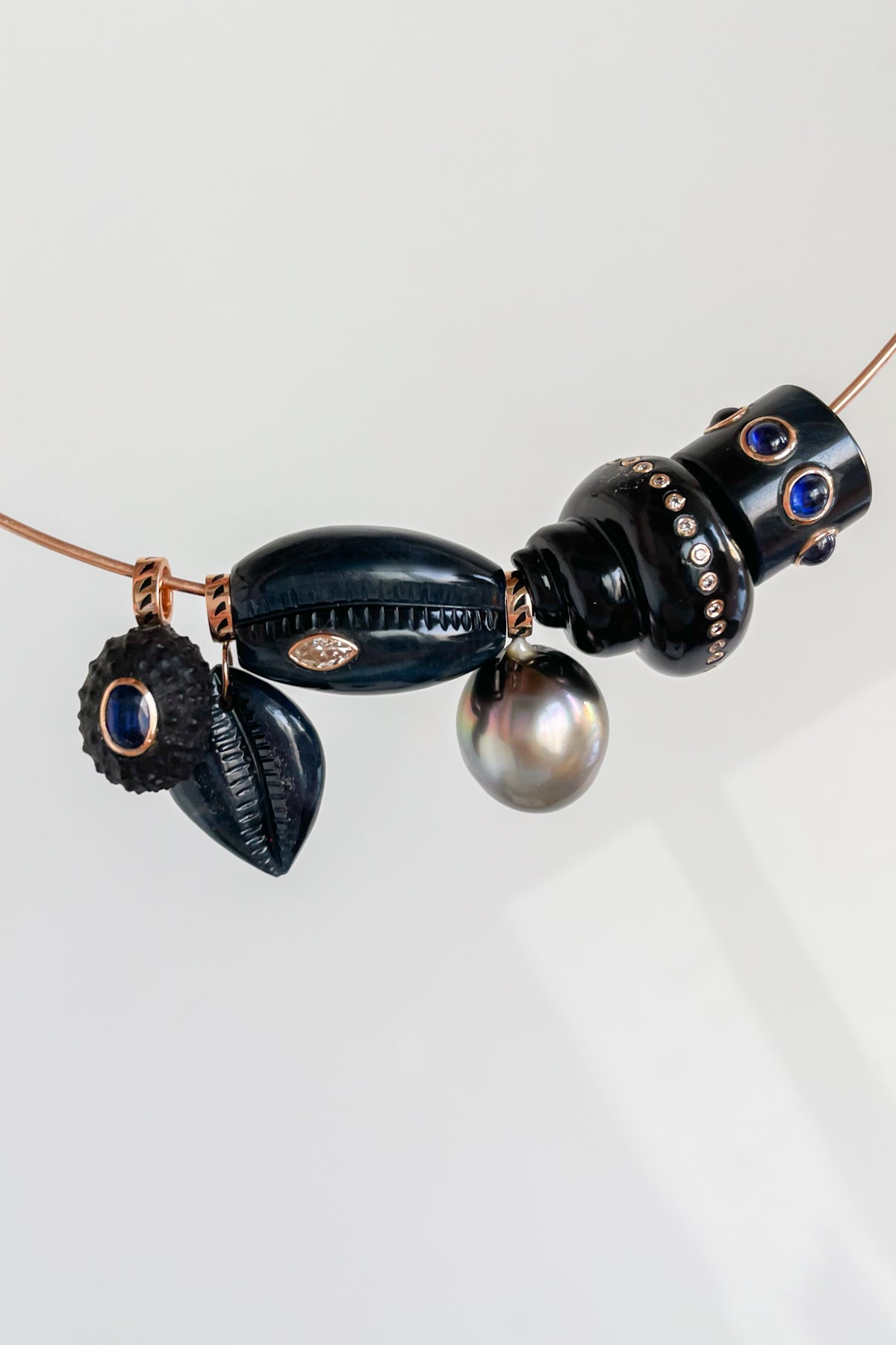 Blue Tiger Eye Cowry with Marquise Diamond Bead